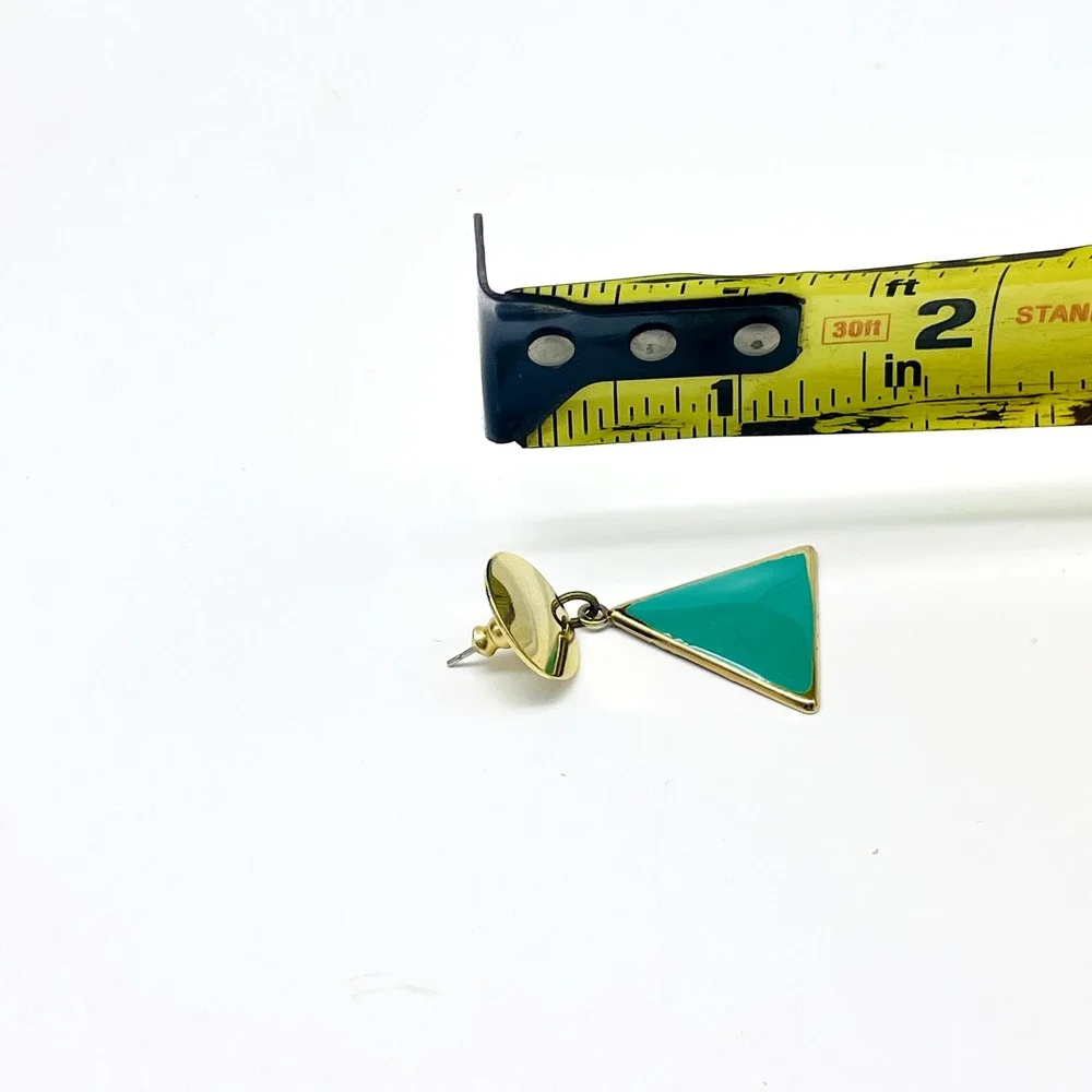 Vintage Pierced Dangle Earrings Green Triangle Bead Gold Tone Geometric Drop